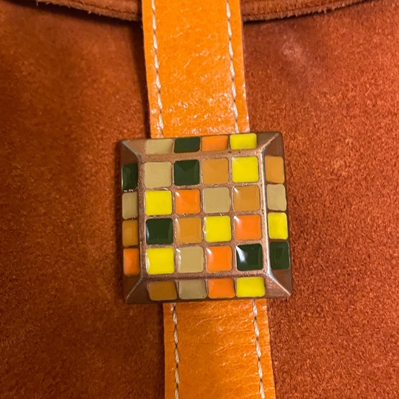 Made in Italy Orange Suede Baguette shaped Handbag with Decorative Clasp - Picture 2 of 6